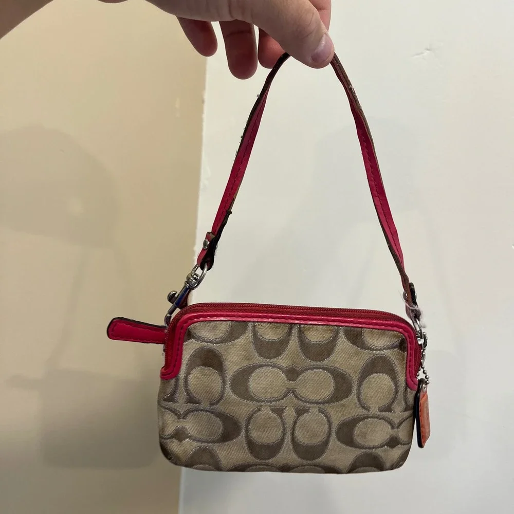Coach Signature Monogram Wristlet Khaki Canvas Pink Patent Leather Trim Bag